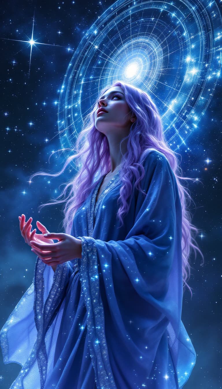 AI generated: A lavender-eyed star weaver stands before a cosmic tapestry, her long lavender hair and luminous gaz...