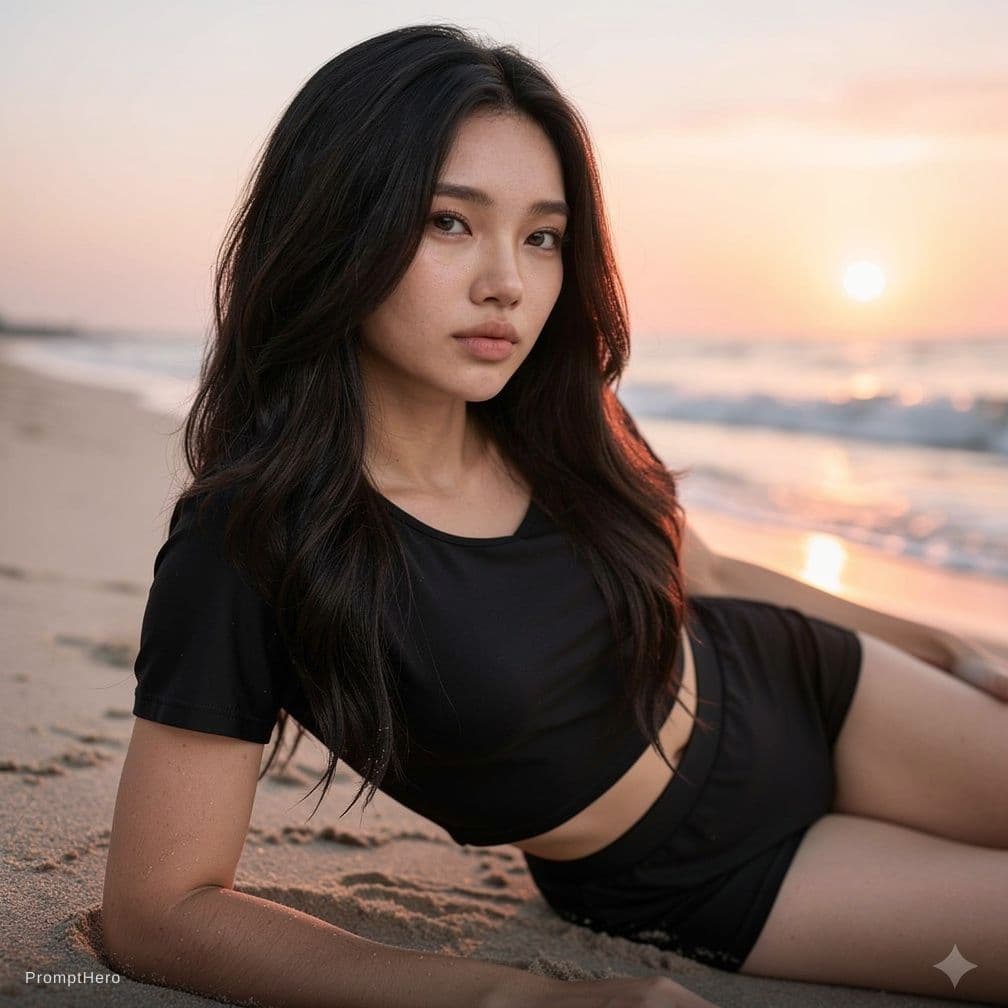 AI generated: lying on the beach in a black bikini with thin straps, sunset, wet body, high detail skin,hyperreali...
