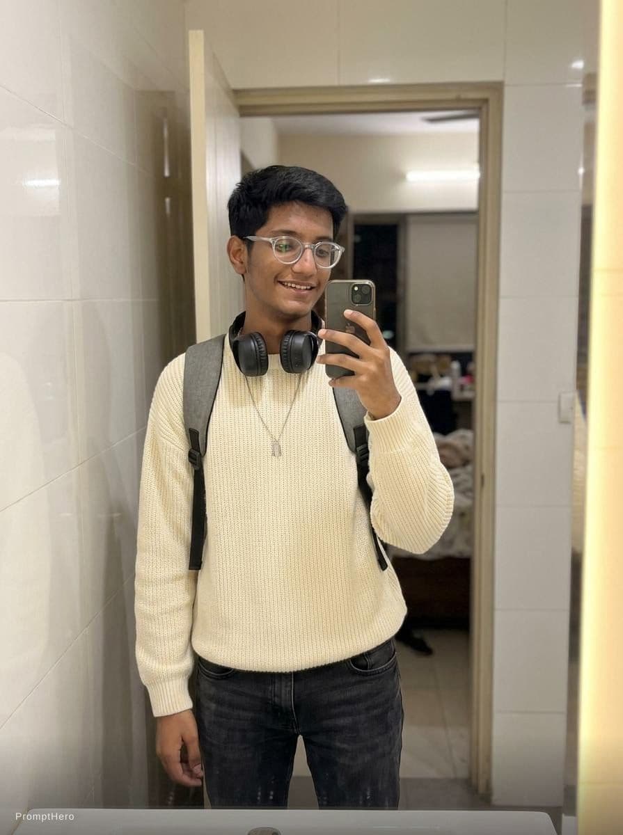 AI generated: The boy, 16 years old with short, dark hair, takes a mirror selfie with his phone. He is wearing a w...