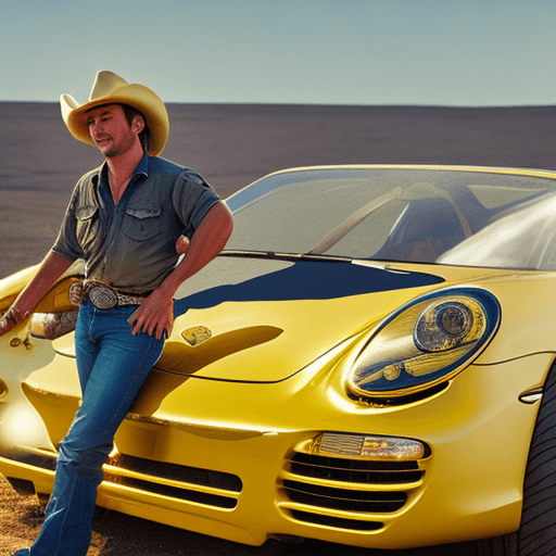 AI generated: a cowboy in a golden porshe the space