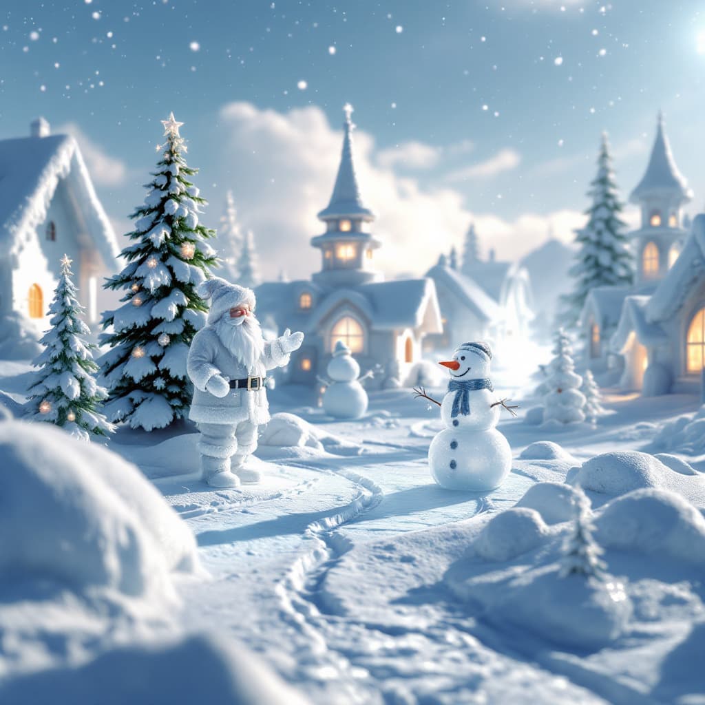 AI generated: 3D render of a photorealistic image of an ice town, ice fairy sculptures of Santa, snowman, Christma...
