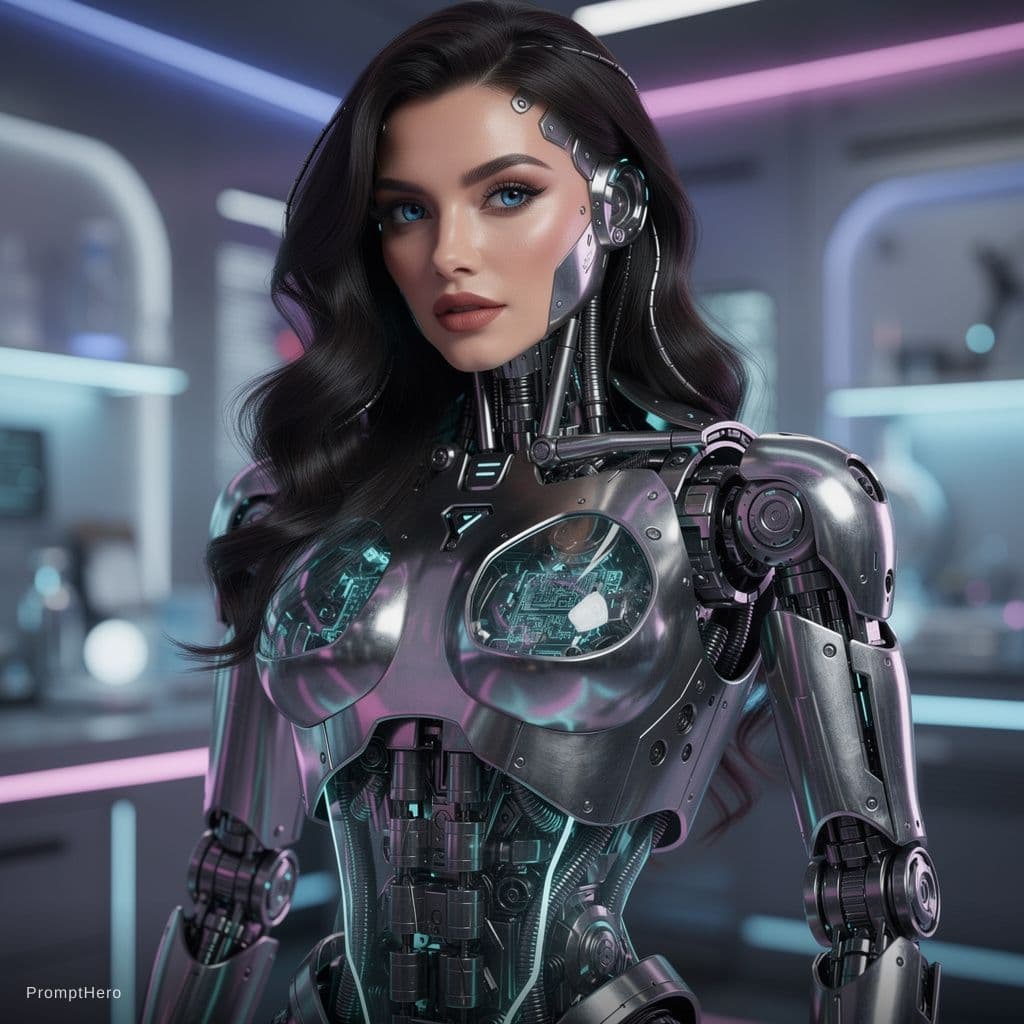 AI generated: Imagem de uma mulher robótica porém com as partes íntimas de uma mulher com o rosto da megan fox