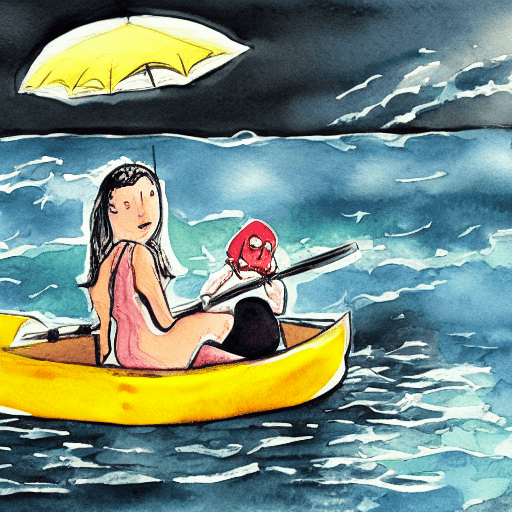 AI generated: watercolor comix book : : storm, night, 
 black cat in a yellow kayak : : --hd