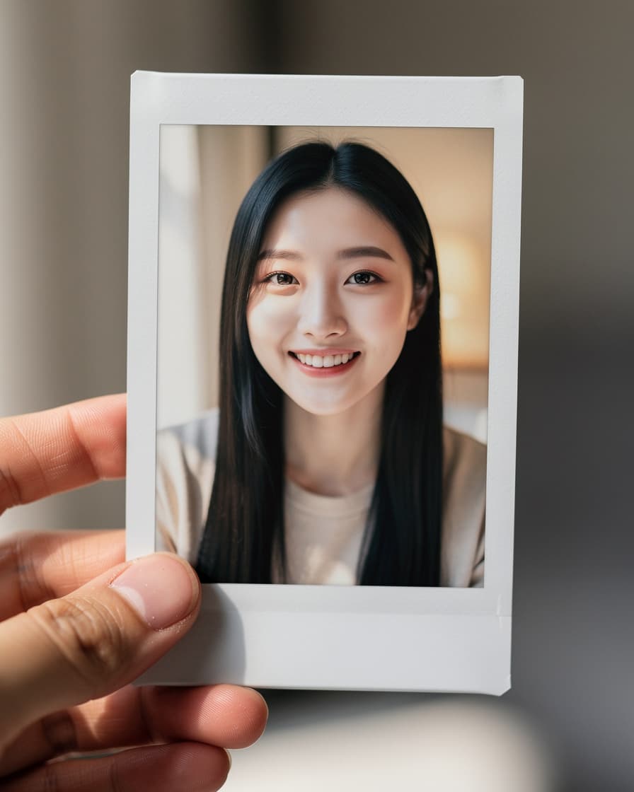 AI generated: A photo of a polaroid picture in the hand of a woman that shows a beautiful, smiling Korean woman wi...