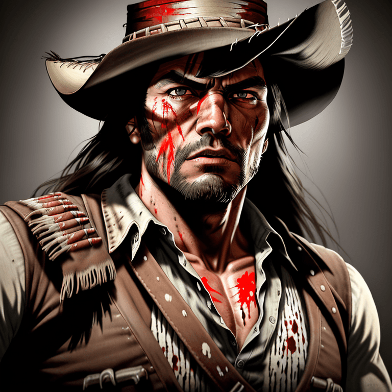 AI generated: western style red-dead redemption style, muscular, aggressive pose portrait, native american, blood ...