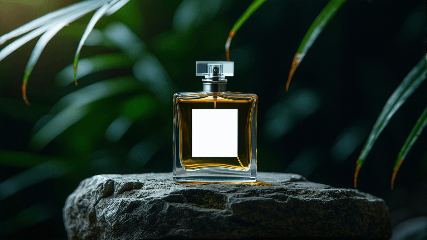 AI generated: High resolution photography of a luxury perfume bottle on a rock with white empty sticker, ad, brand...