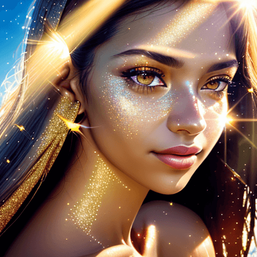 AI generated: close up portrait of woman looking towards the bright sun, glitter on her face, sun rays, glowy skin...