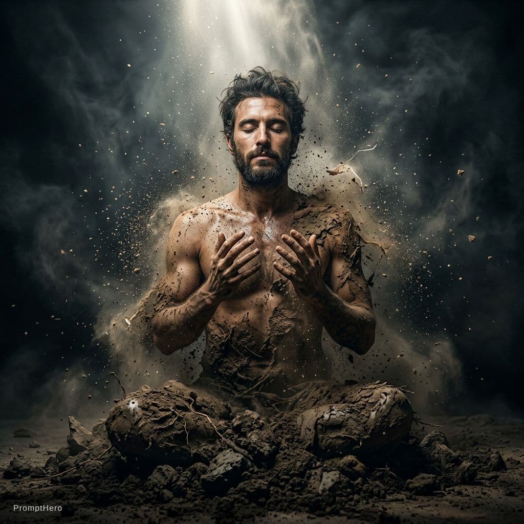 AI generated: A dramatic surreal portrait of a man emerging from earth and dust, eyes closed in a meditative state...