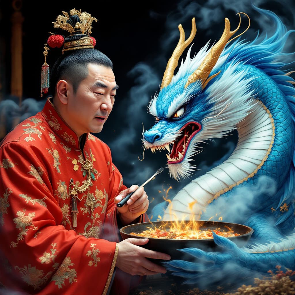 AI generated: Chinese man, Chinese man and iris blue dragon, Chinese dragon pan glaring angrily at Chinese man