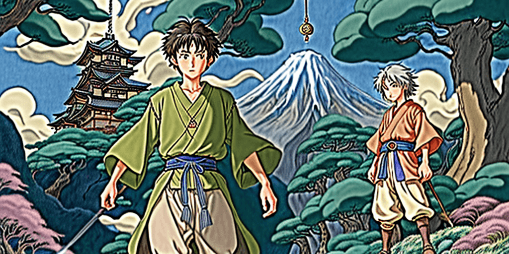 AI generated: The cover drawn in Studio Ghibli style of a novel about a 15 years old boy having to go in a fantasy...