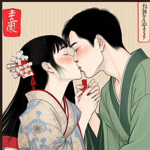 AI generated: generate images of a pinting of a men couple kissing in a cacade in the style of traditional japanes...