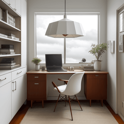 AI generated: photograph, home office, mid-century, cloudy, creating a warm white and inviting atmosphere, such as...