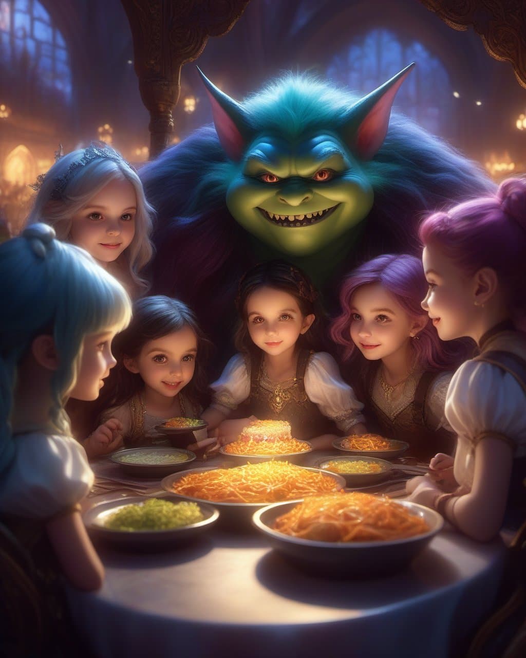 AI generated: luminism, a close up monster family having dinner in the overcrowded fast-food, a close up cute magi...