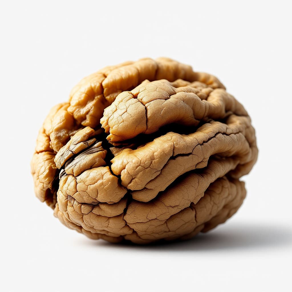 AI generated: close-up 3D render of a cracked walnut shell, sharp texture, shadows inside the shell --v 7 --style ...
