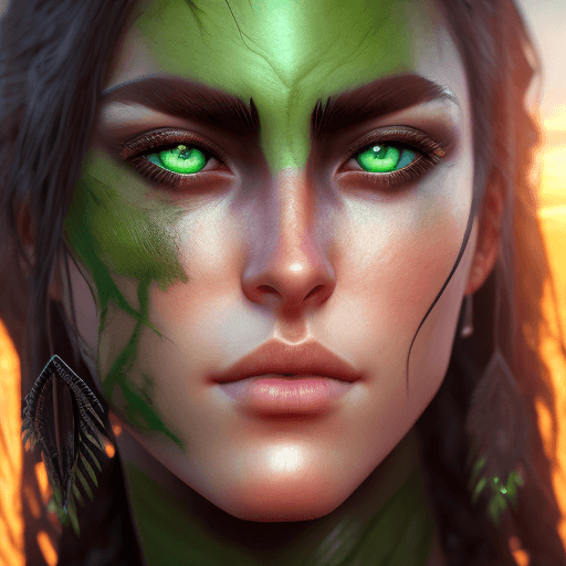 AI generated:  
Ultra realistic front portrait of warrior beautiful young woman, perfect realistic green eyes, bla...