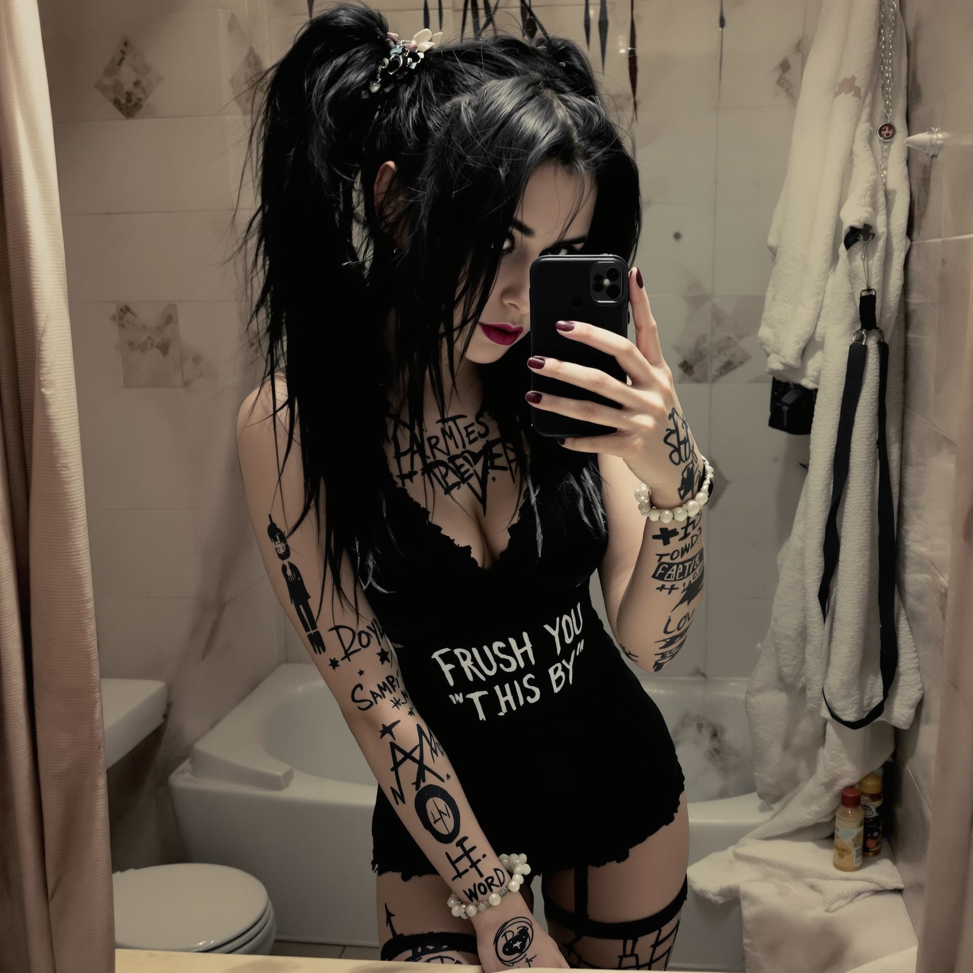 AI generated: Skinny, Emo Scene woman, bathroom background