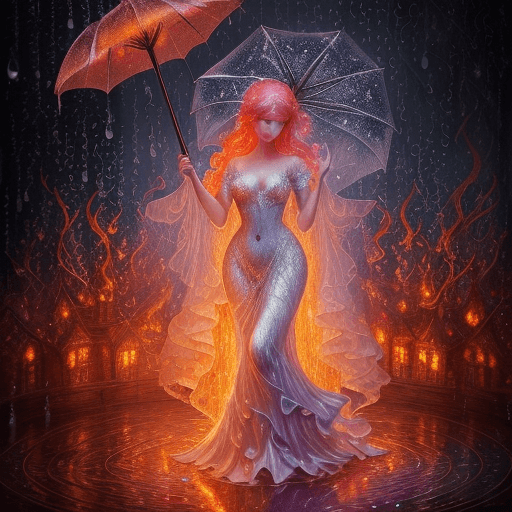 AI generated: An enchanting figure made of enchanted flames stands holding a magnificent umbrella made of cascadin...