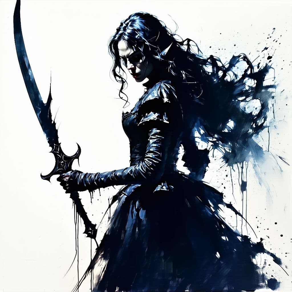 AI generated: Female vampire chaos space , holding a weapon, long flowing hair, in the style of gritty horror comi...
