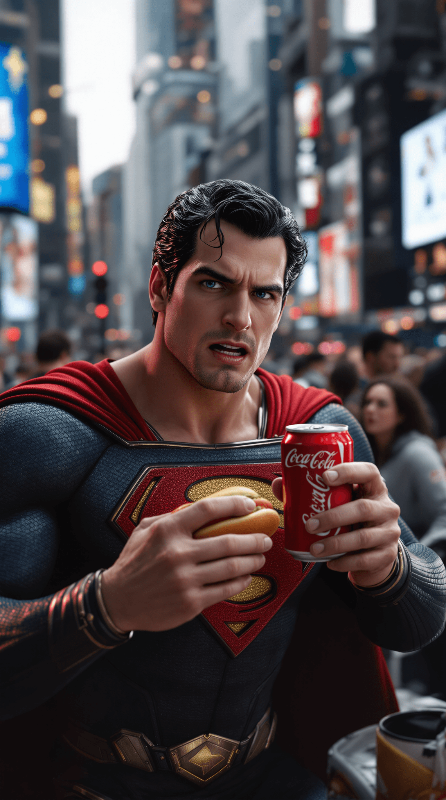 AI generated: Superman on timesquare in new york eating a hotdog and drinking a can of coke, with starving face. o...