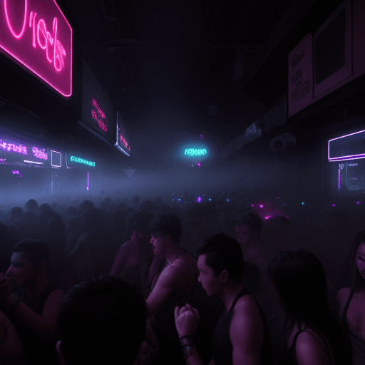AI generated: misty lit with smoke and fog neon night club, crazy night dance at the night club, crowded party eme...