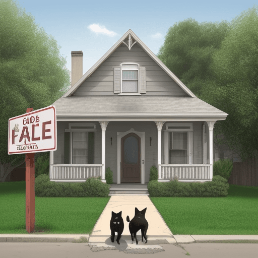 AI generated: house with person in front with a dog and a cat next to them. The house has a big sign that says "FO...