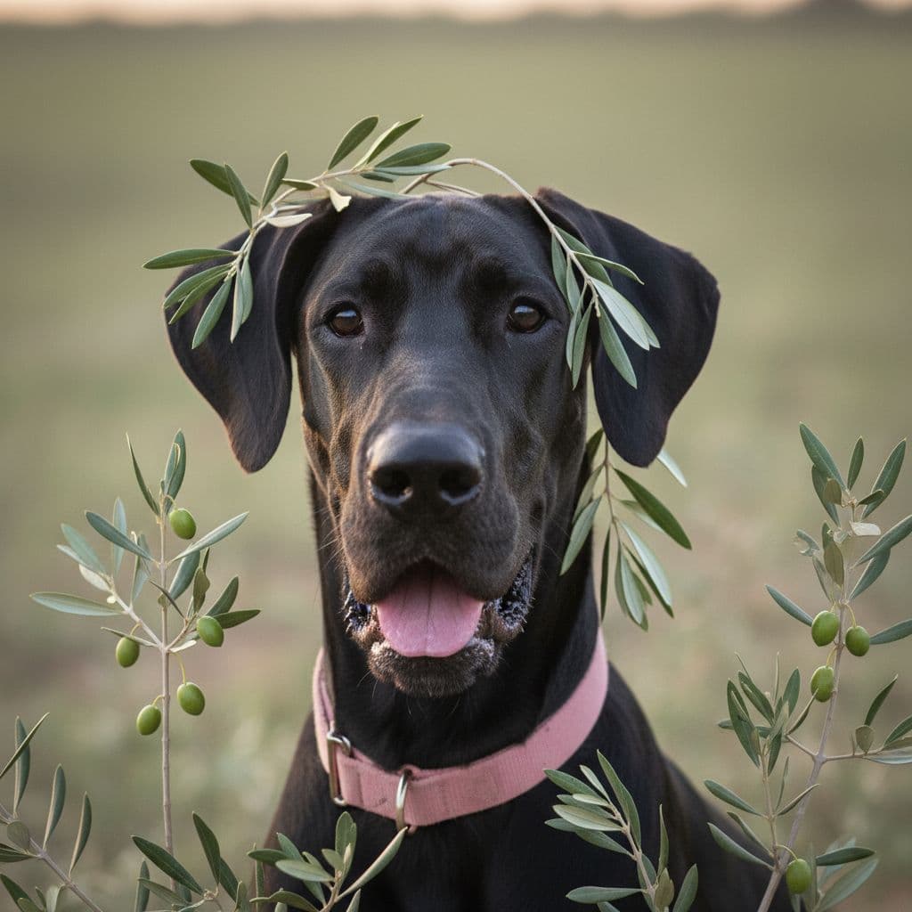 AI generated:  dog, black, Great Dane, younger, slender, floppy ears, pink collar, face only, mouth open slightly ...