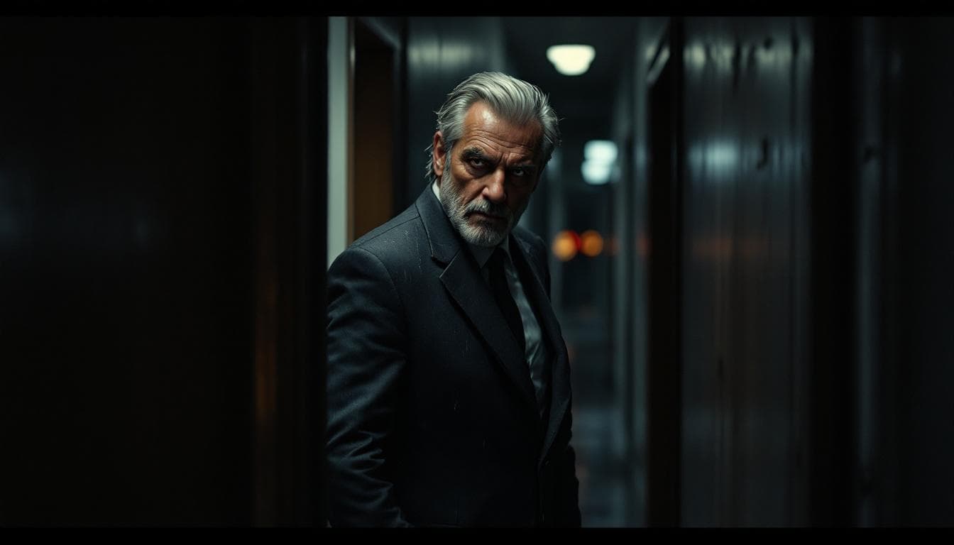 AI generated: Cinematic POV opening the apartment door in a dim Berlin hallway, revealing a 50-year-old grey-haire...
