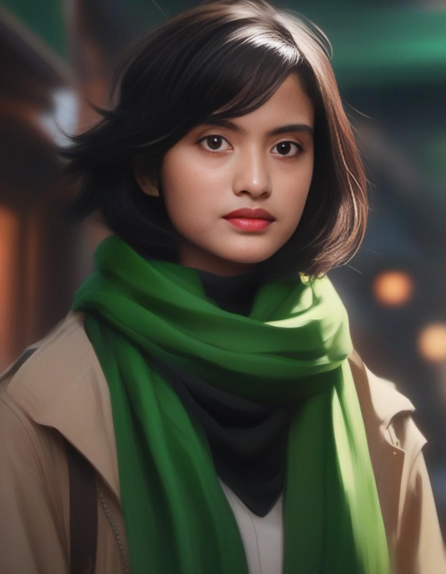 AI generated: a woman with a green scarf around her neck, a character portrait by Sim Sa-jeong, cgsociety, photore...