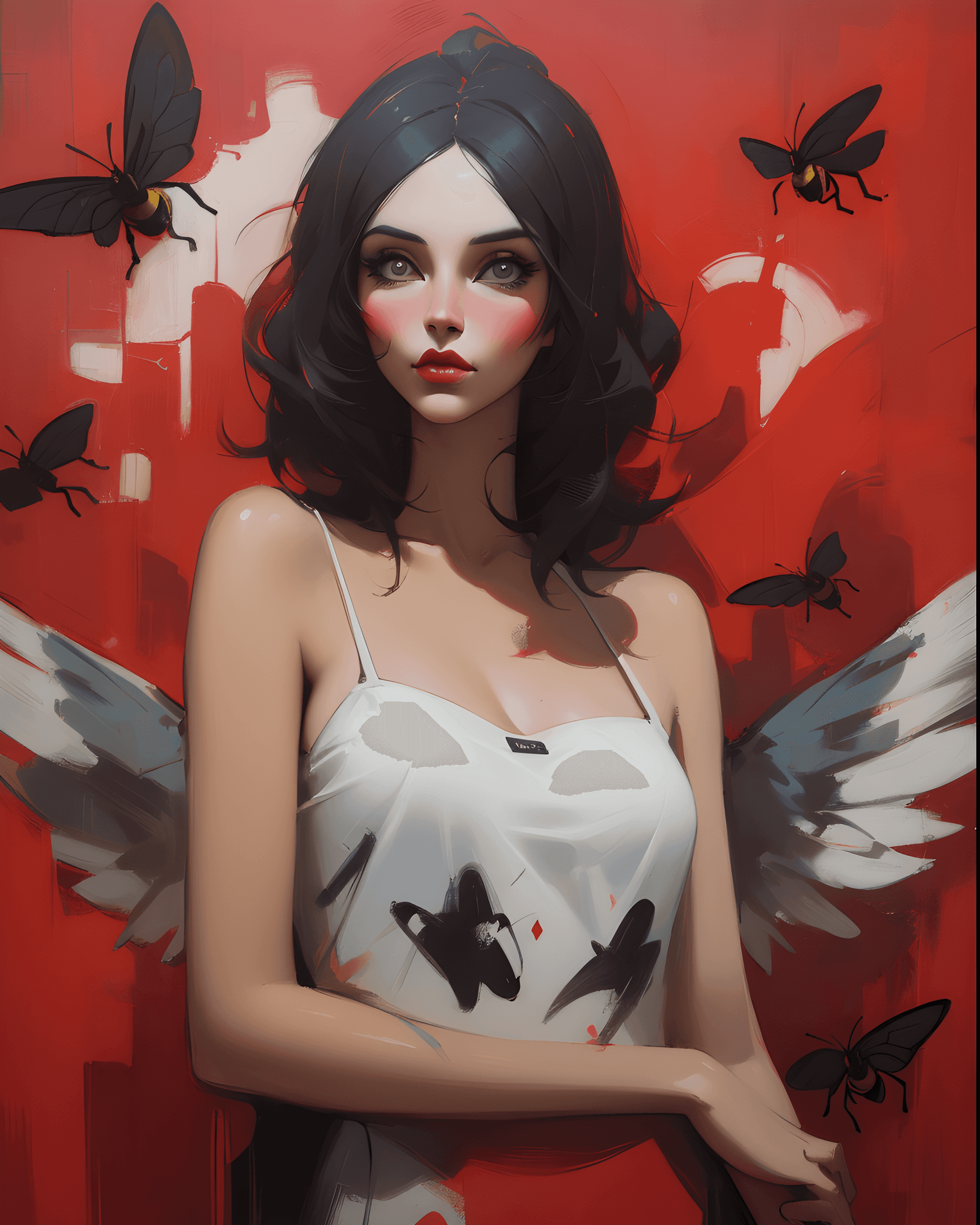 AI generated: a painting of a woman with wings on a red background, inspired by Tom Bagshaw, painting big bees fly...
