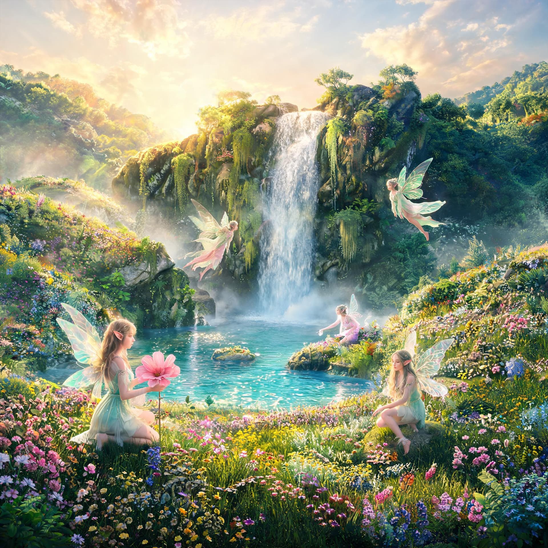 AI generated: 4k hd fantasy waterfall in a valley of flowers and elves