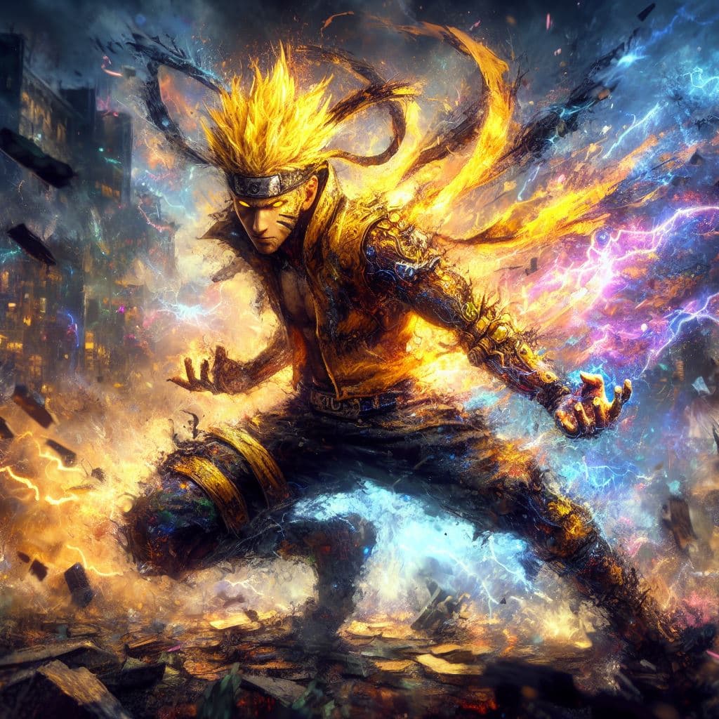 AI generated: painterly style, badass male character looking like the fusion between Naruto and a Saiyan at war, c...