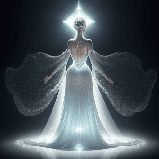 AI generated: The girl stands on a bright background, expressiveness and grace, a long dress, made of shiny rhines...