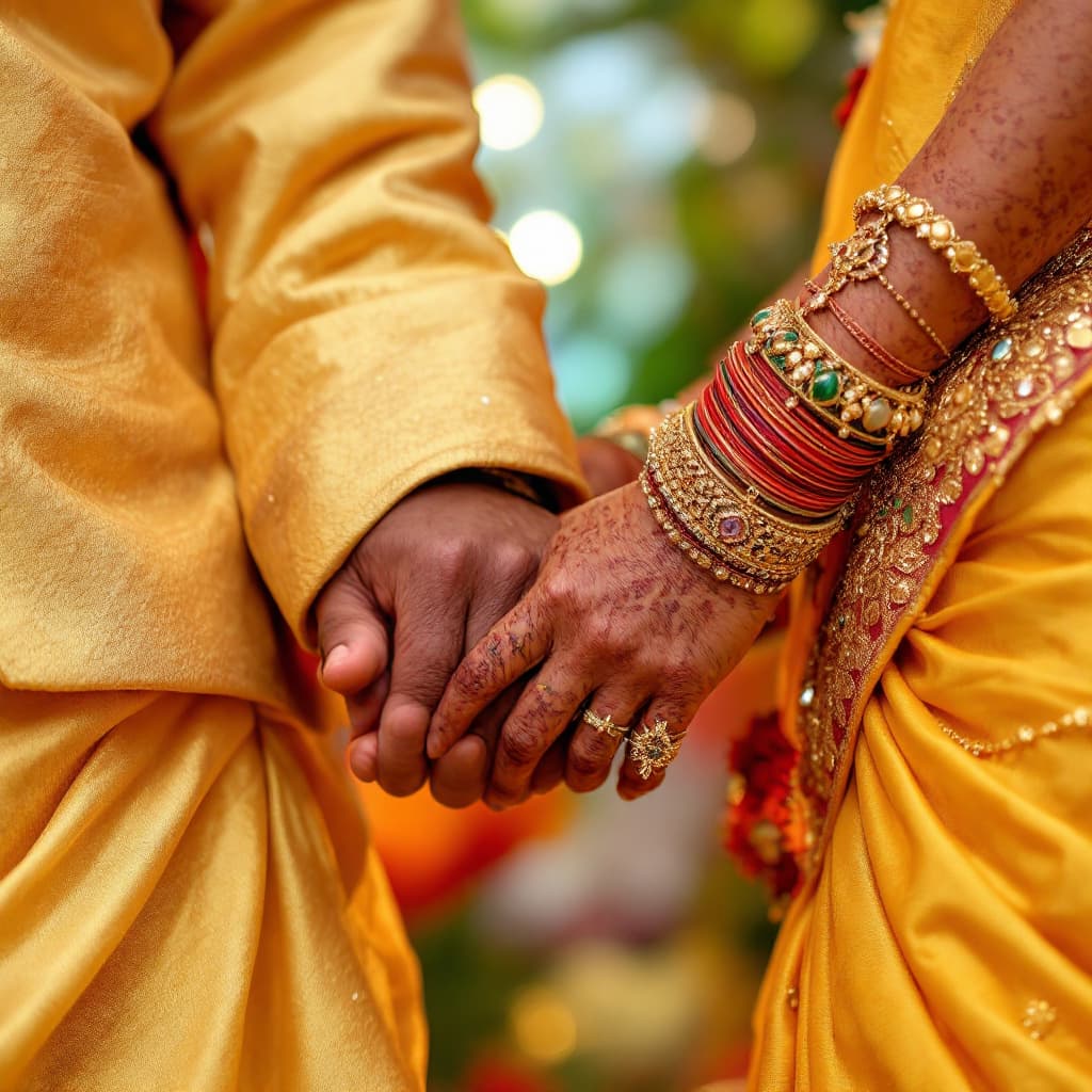 AI generated: Closeup image of Kerala couple holding hands on their wedding function