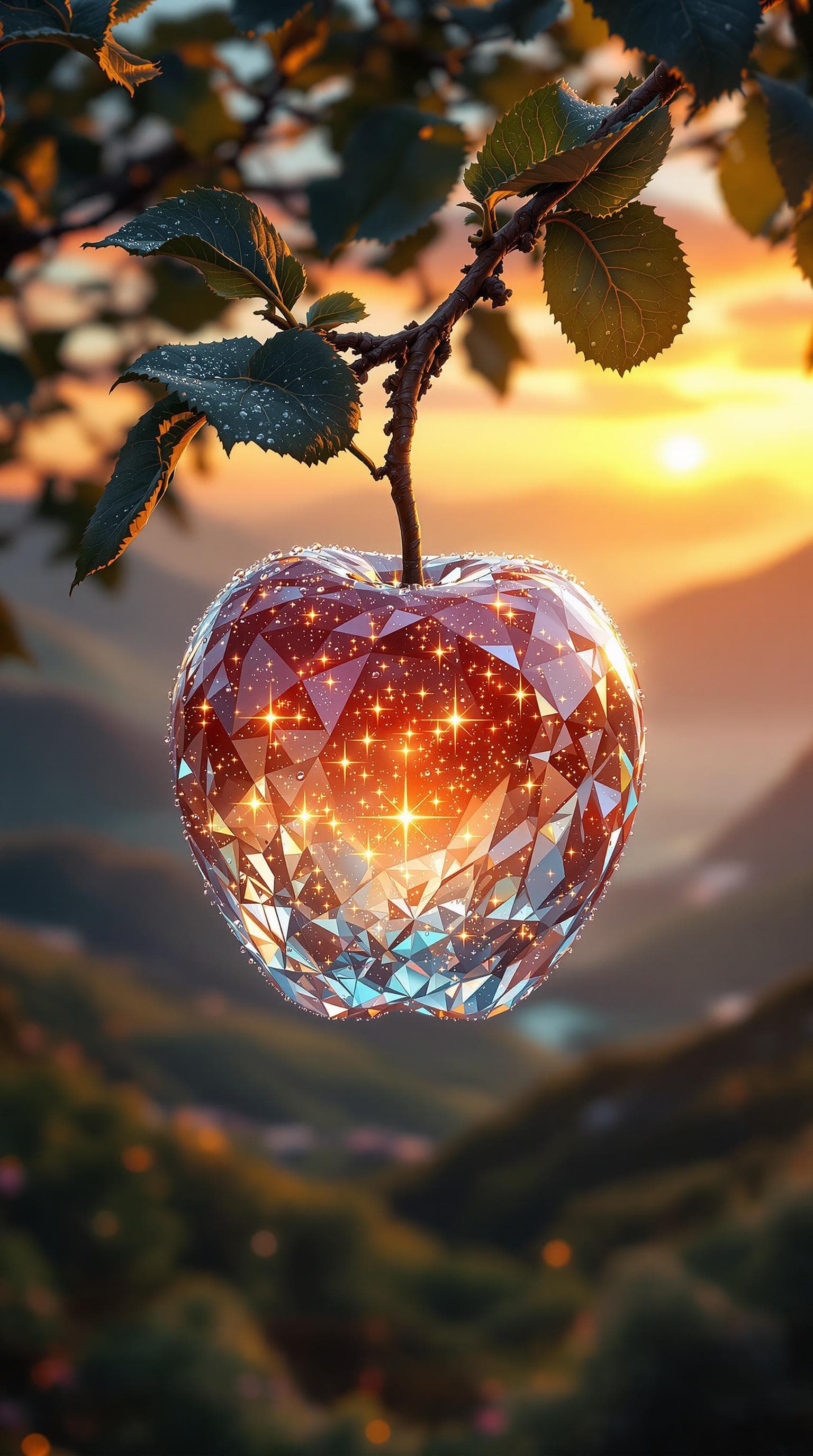 AI generated: ((a delicate big apple)), made of diamond hung on branch in a beautiful dawn, in the background beau...