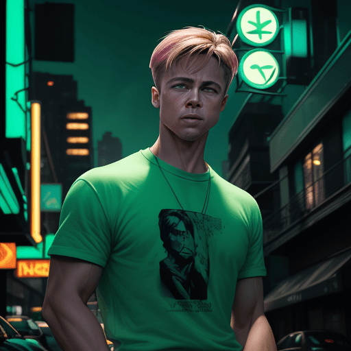 AI generated: Martin Ansin style, light green and light emerald green, young brad pitt style, exact physical appea...