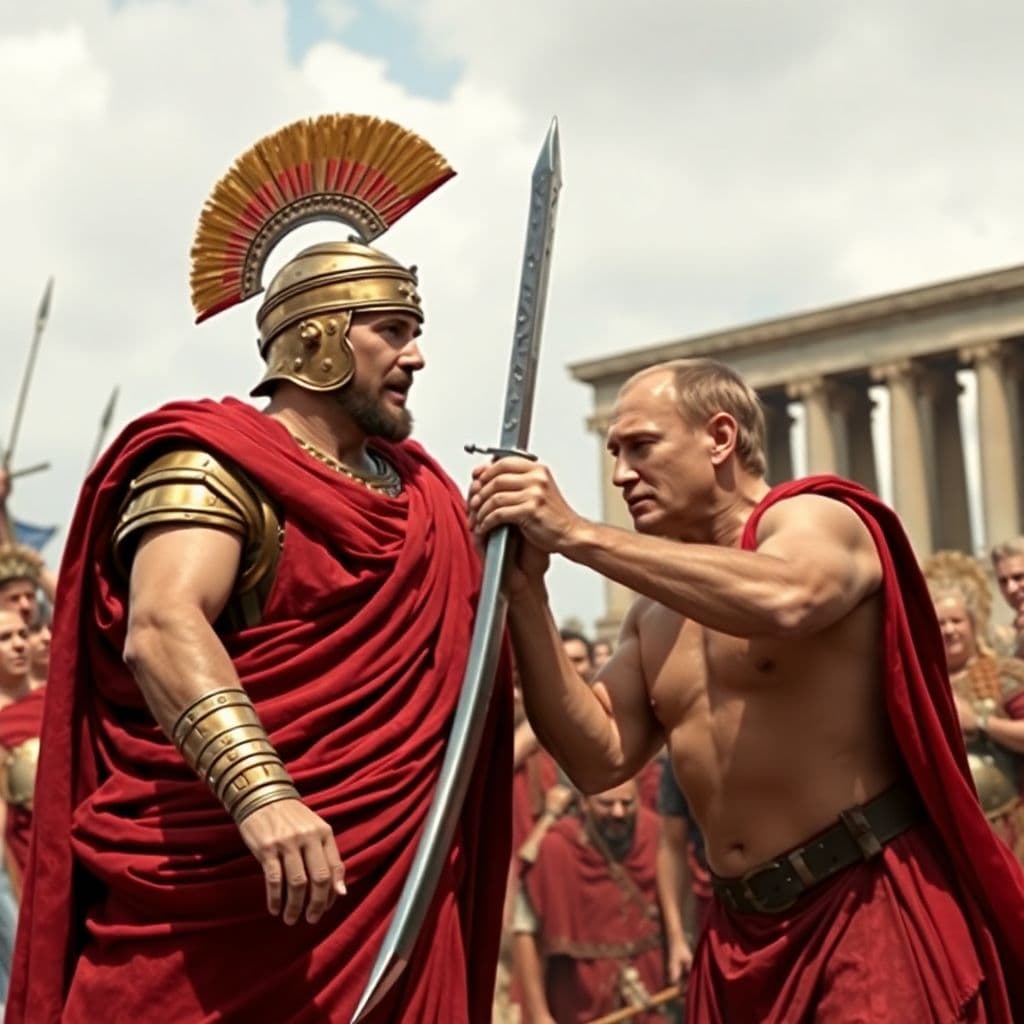AI generated: scene of caeser stabbed by brutus
where caeser is donald trump putin is brutus