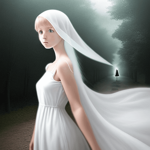 AI generated: A photo realistic girl in a white dress (facing away from the viewer). A friendly ghost is in the di...