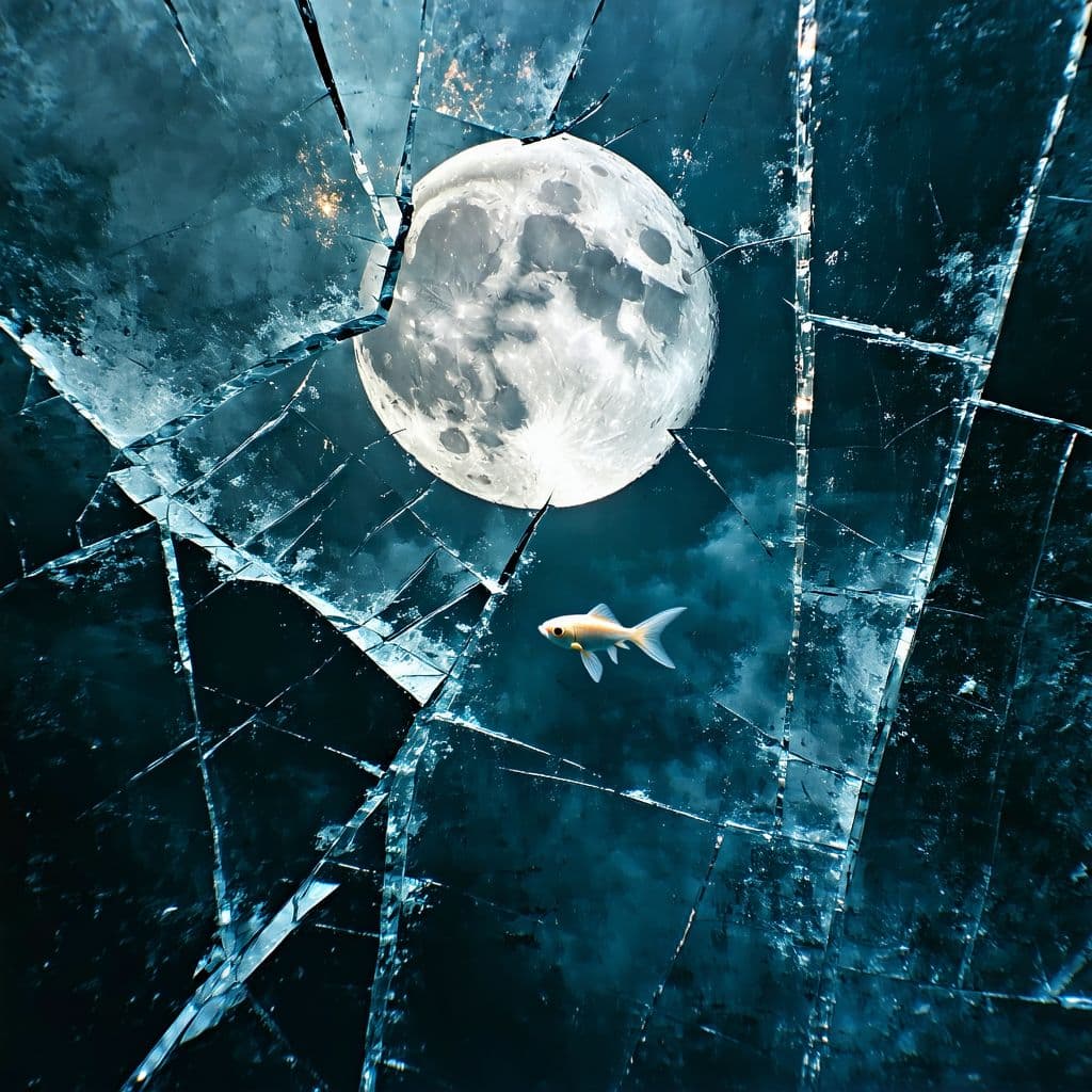 AI generated: top-down view, highly surreal, hyperrealistic, moody winter night, fractured glassy ice surface with...
