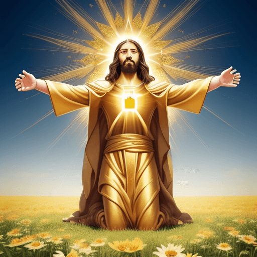 AI generated: Jesus Christ stands at the center, surrounded by a radiant golden aura. His hands are raised, showin...