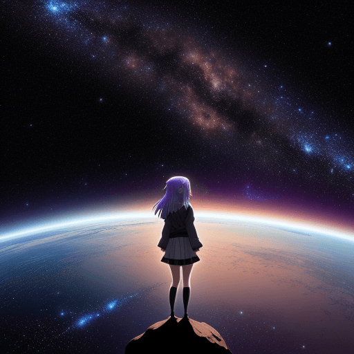AI generated: enormous giantess, minuscule galaxy in front of her, anime girl