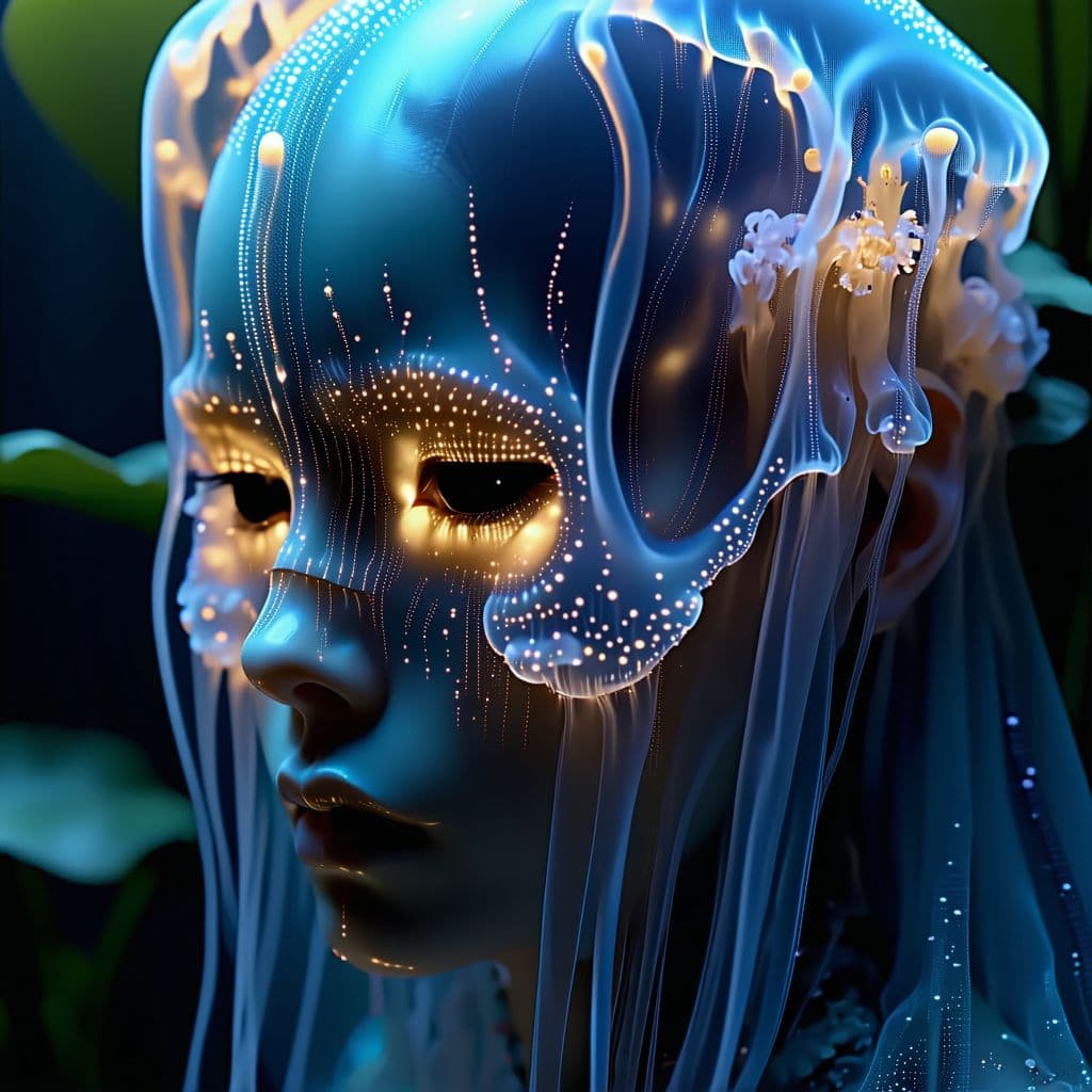 AI generated: Goddess close-up portrait ribcagel. jellyfish phoenix head, nautilus, orchid, skull, betta fish, bio...