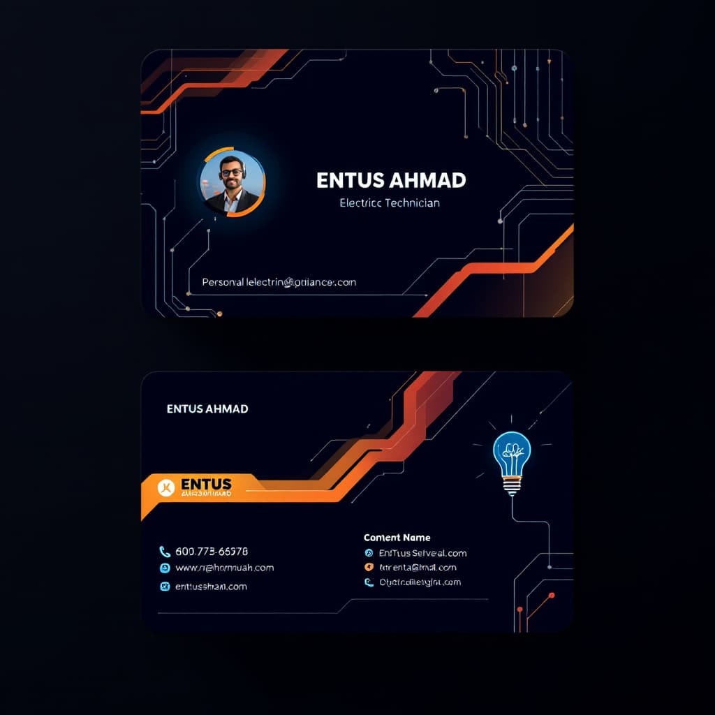 AI generated: Create a business card for personal electric Technician  named ENTUS AHMAD with a related theme
