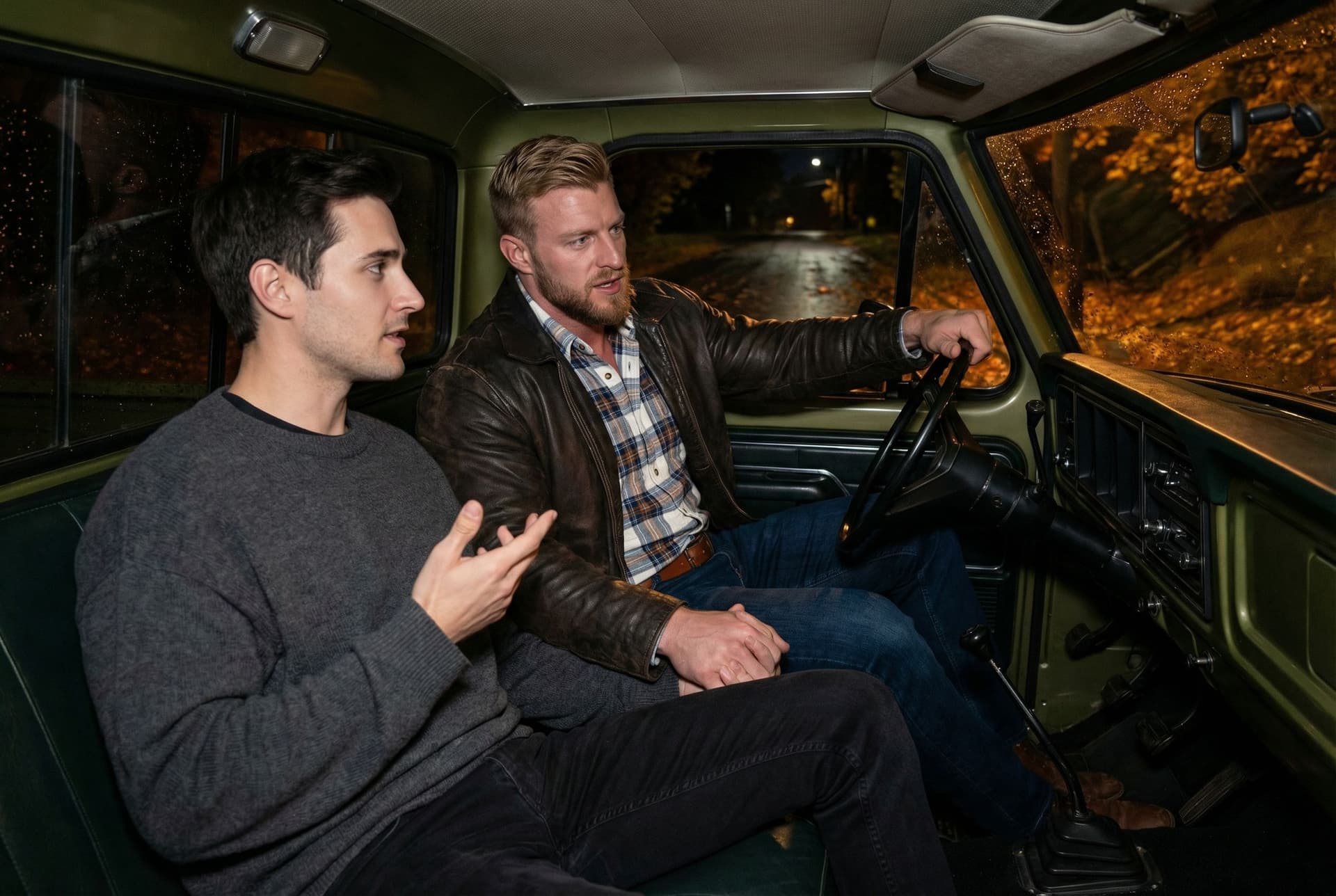 AI generated: In an Autumn night, the model is driving a Ford olive green pick up truck. 

He is driving the pick ...