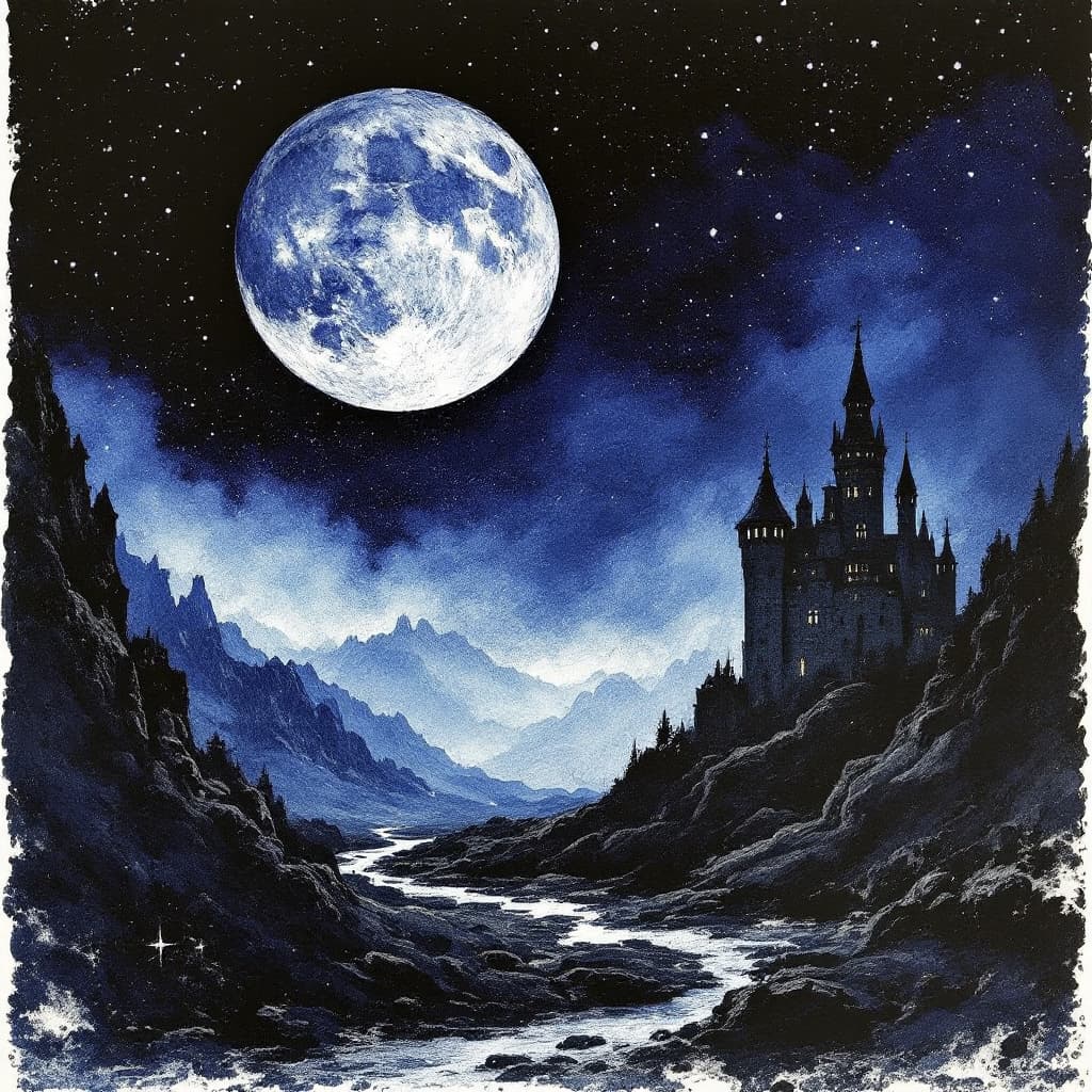 AI generated: Prompt Monotype Print of a Castle, dark sky, huge moon with craters. Create a unique print using the...