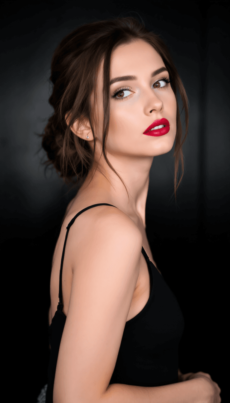 AI generated: A woman with fair skin, light red lipstick, and brown hair in a loose bun, wearing a black spaghetti...