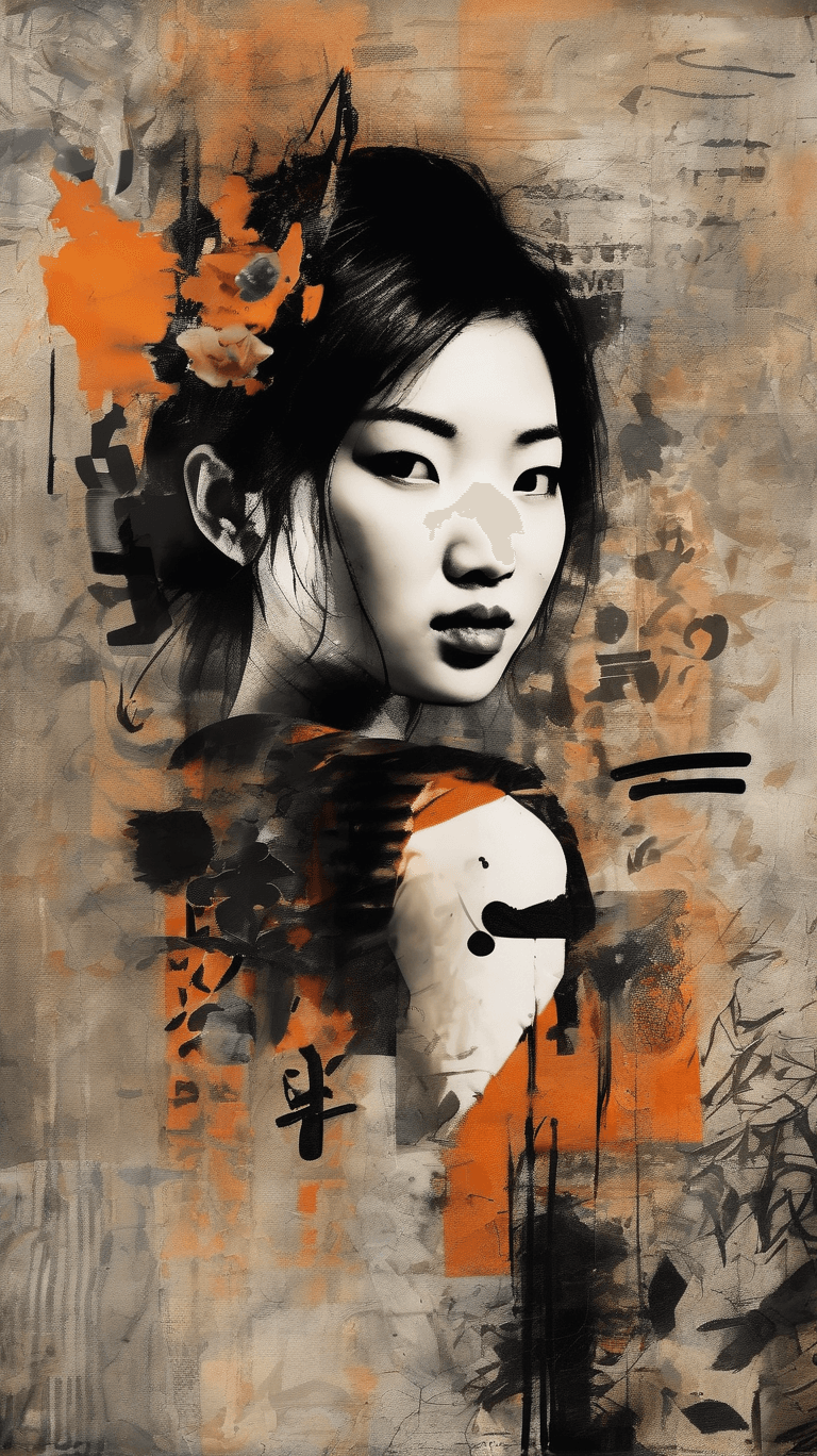 AI generated: Asian woman, beautiful face, black and orange color tones, wabi-sabi art,  abstract , punk collage ,...