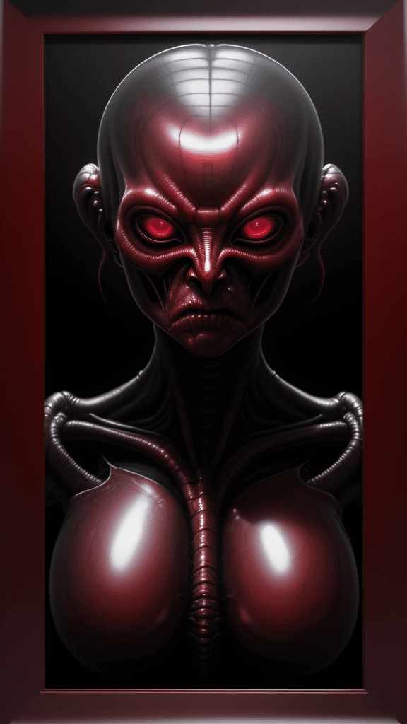 AI generated: ultra HD "Intimidating -inducing Alien RFKTR-style headshot framed transparent ruby red in the style...