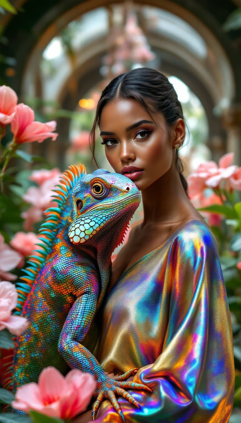 AI generated: a closeup photo of a gorgeous model wearing a shimmering metallic blouse with a huge iridescent rain...
