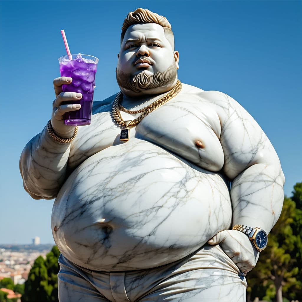AI generated: fattest obese american rapper in the world without a beard and with short hair, holding a purple dri...