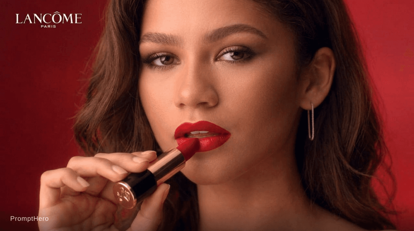 AI generated: Zendaya Grabs Her Red Lipstick And Swipe Into The Red Lips At Red Background